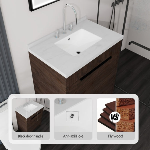 English Elm 30 Inch Bathroom Vanity with Cultured Marble Top Undermount Sink and Soft Close Door Brown Carrara White B2775S00180