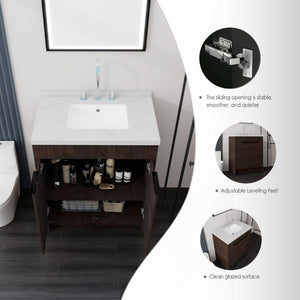 English Elm 30 Inch Bathroom Vanity with Cultured Marble Top Undermount Sink and Soft Close Door Brown Carrara White B2775S00180