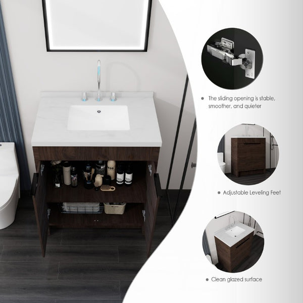 English Elm 30 Inch Bathroom Vanity with Cultured Marble Top Undermount Sink and Soft Close Door Brown Carrara White B2775S00180