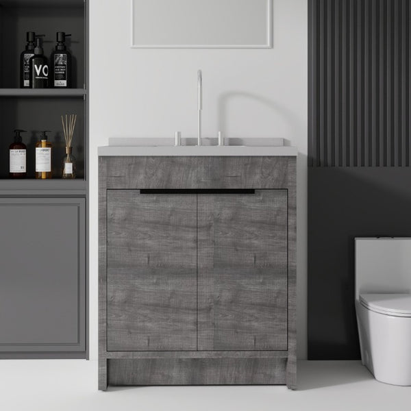English Elm 30 Inch Bathroom Vanity with Cultured Marble Top Undermount Sink and Soft Close Door Grey Granite White B2775S00181