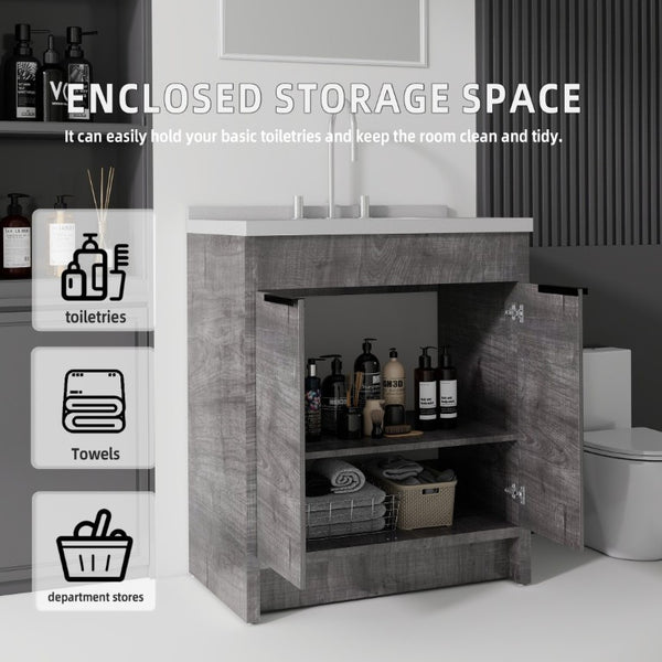 English Elm 30 Inch Bathroom Vanity with Cultured Marble Top Undermount Sink and Soft Close Door Grey Granite White B2775S00181