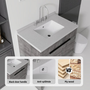 English Elm 30 Inch Bathroom Vanity with Cultured Marble Top Undermount Sink and Soft Close Door Grey Granite White B2775S00181