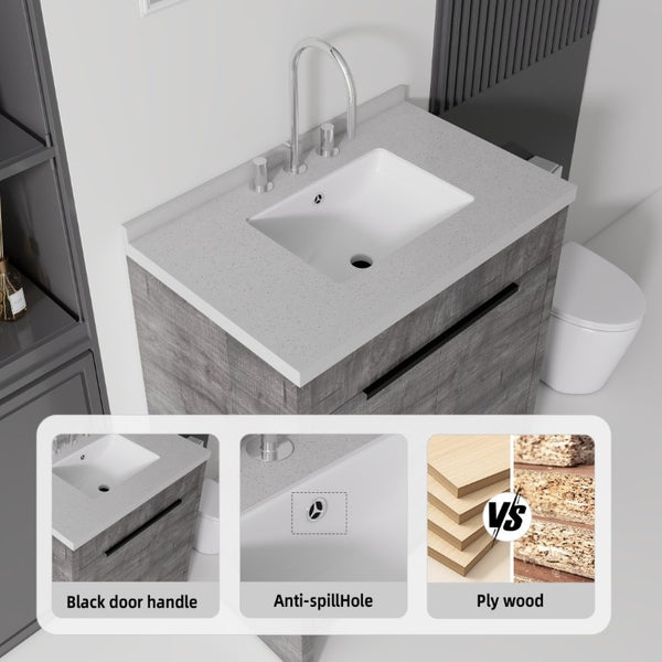 English Elm 30 Inch Bathroom Vanity with Cultured Marble Top Undermount Sink and Soft Close Door Grey Granite White B2775S00181