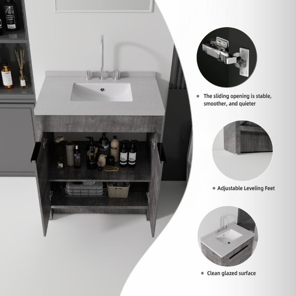 English Elm 30 Inch Bathroom Vanity with Cultured Marble Top Undermount Sink and Soft Close Door Grey Granite White B2775S00181
