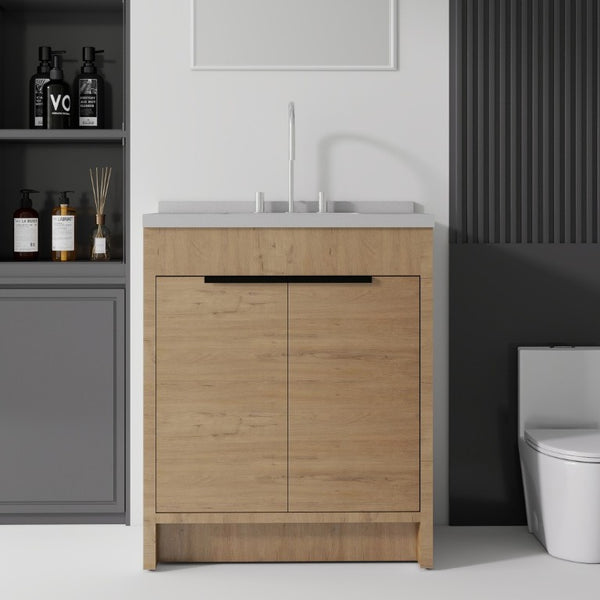 English Elm 30 Inch Bathroom Vanity with Cultured Marble Top Undermount Sink and Soft Close Door Oak Granite White B2775S00182