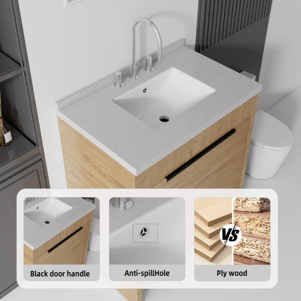 English Elm 30 Inch Bathroom Vanity with Cultured Marble Top Undermount Sink and Soft Close Door Oak Granite White B2775S00182