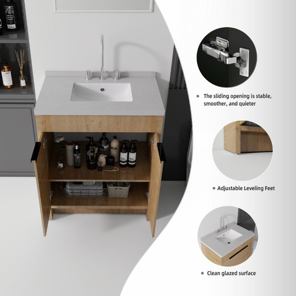 English Elm 30 Inch Bathroom Vanity with Cultured Marble Top Undermount Sink and Soft Close Door Oak Granite White B2775S00182