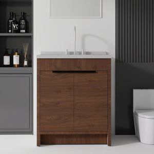 English Elm 30 Inch Bathroom Vanity with Cultured Marble Top Undermount Sink and Soft Close Door Brown Granite White B2775S00183