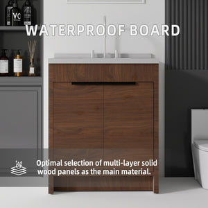 English Elm 30 Inch Bathroom Vanity with Cultured Marble Top Undermount Sink and Soft Close Door Brown Granite White B2775S00183
