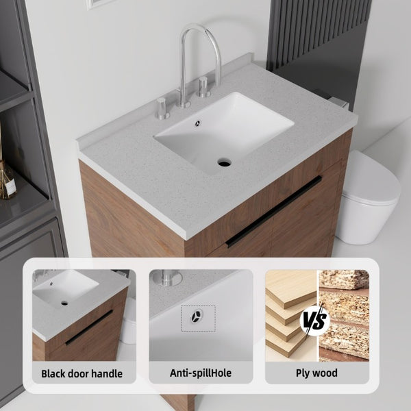 English Elm 30 Inch Bathroom Vanity with Cultured Marble Top Undermount Sink and Soft Close Door Brown Granite White B2775S00183