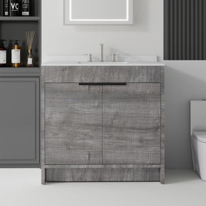 English Elm 36 Inch Freestanding Bathroom Vanity with Cultured Marble Top Soft Close Plywood Build Grey Carrara White B2775S00184