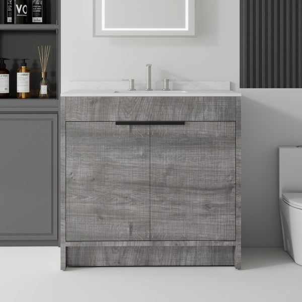 English Elm 36 Inch Freestanding Bathroom Vanity with Cultured Marble Top Soft Close Plywood Build Grey Carrara White B2775S00184