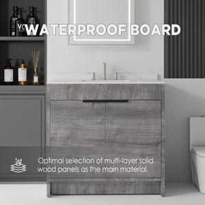English Elm 36 Inch Freestanding Bathroom Vanity with Cultured Marble Top Soft Close Plywood Build Grey Carrara White B2775S00184