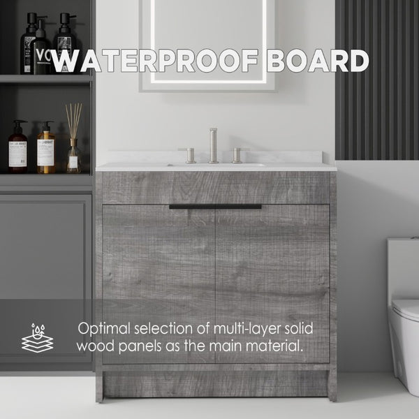 English Elm 36 Inch Freestanding Bathroom Vanity with Cultured Marble Top Soft Close Plywood Build Grey Carrara White B2775S00184