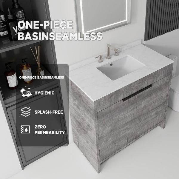 English Elm 36 Inch Freestanding Bathroom Vanity with Cultured Marble Top Soft Close Plywood Build Grey Carrara White B2775S00184