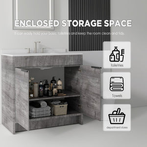 English Elm 36 Inch Freestanding Bathroom Vanity with Cultured Marble Top Soft Close Plywood Build Grey Carrara White B2775S00184