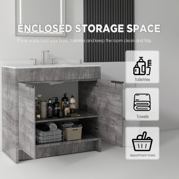 English Elm 36 Inch Freestanding Bathroom Vanity with Cultured Marble Top Soft Close Plywood Build Grey Carrara White B2775S00184