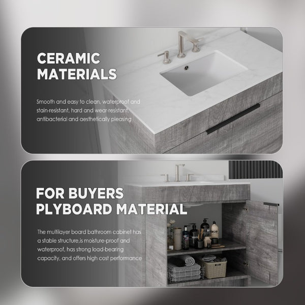 English Elm 36 Inch Freestanding Bathroom Vanity with Cultured Marble Top Soft Close Plywood Build Grey Carrara White B2775S00184