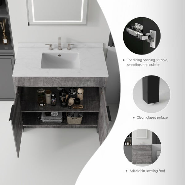 English Elm 36 Inch Freestanding Bathroom Vanity with Cultured Marble Top Soft Close Plywood Build Grey Carrara White B2775S00184