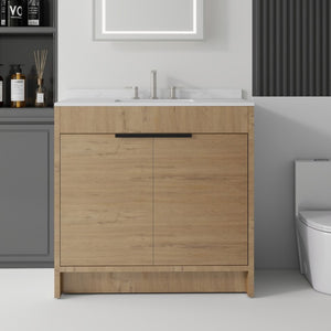 English Elm 36 Inch Freestanding Bathroom Vanity with Cultured Marble Top Soft Close Plywood Build Oak Carrara White B2775S00185