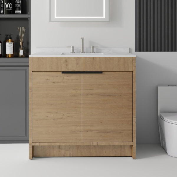 English Elm 36 Inch Freestanding Bathroom Vanity with Cultured Marble Top Soft Close Plywood Build Oak Carrara White B2775S00185