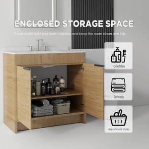 English Elm 36 Inch Freestanding Bathroom Vanity with Cultured Marble Top Soft Close Plywood Build Oak Carrara White B2775S00185
