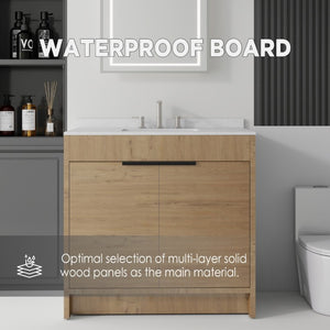 English Elm 36 Inch Freestanding Bathroom Vanity with Cultured Marble Top Soft Close Plywood Build Oak Carrara White B2775S00185