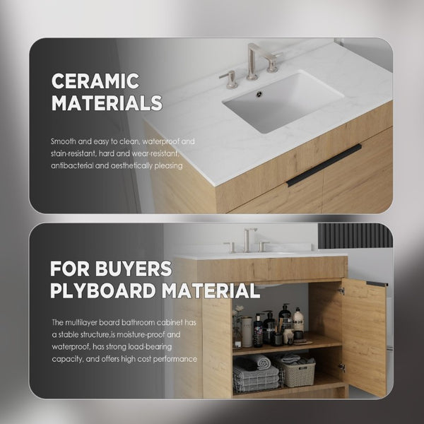 English Elm 36 Inch Freestanding Bathroom Vanity with Cultured Marble Top Soft Close Plywood Build Oak Carrara White B2775S00185