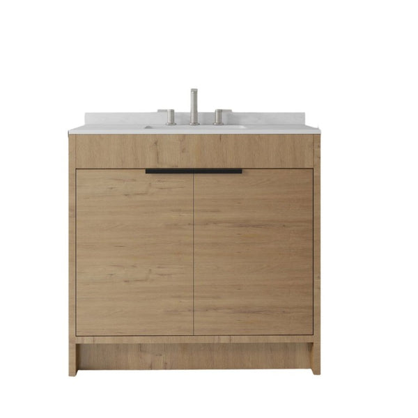English Elm 36 Inch Freestanding Bathroom Vanity with Cultured Marble Top Soft Close Plywood Build Oak Carrara White B2775S00185
