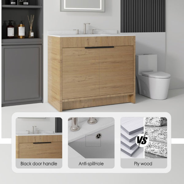 English Elm 36 Inch Freestanding Bathroom Vanity with Cultured Marble Top Soft Close Plywood Build Oak Carrara White B2775S00185