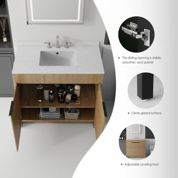 English Elm 36 Inch Freestanding Bathroom Vanity with Cultured Marble Top Soft Close Plywood Build Oak Carrara White B2775S00185