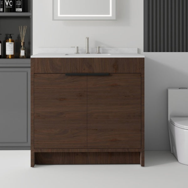 English Elm 36 Inch Freestanding Bathroom Vanity with Cultured Marble Top Soft Close Plywood Build Brown Carrara White B2775S00186