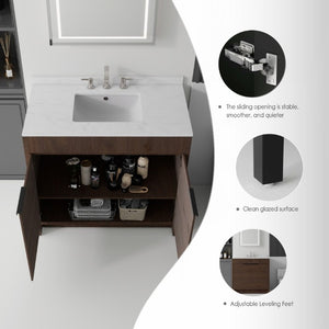 English Elm 36 Inch Freestanding Bathroom Vanity with Cultured Marble Top Soft Close Plywood Build Brown Carrara White B2775S00186