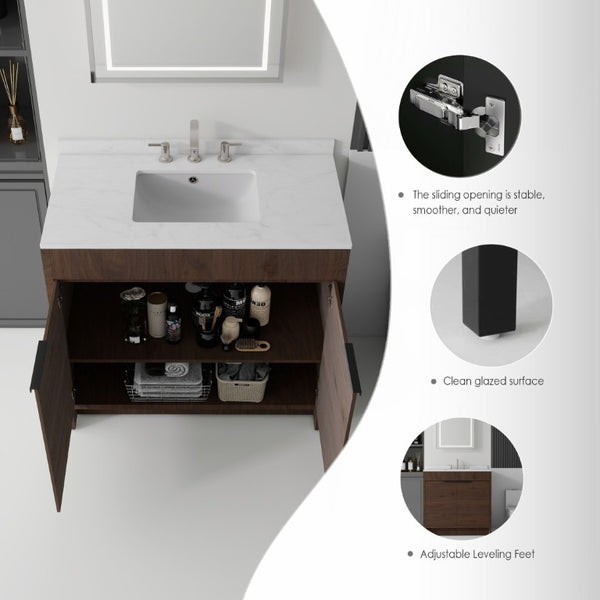 English Elm 36 Inch Freestanding Bathroom Vanity with Cultured Marble Top Soft Close Plywood Build Brown Carrara White B2775S00186
