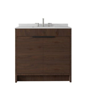 English Elm 36 Inch Freestanding Bathroom Vanity with Cultured Marble Top Soft Close Plywood Build Brown Carrara White B2775S00186