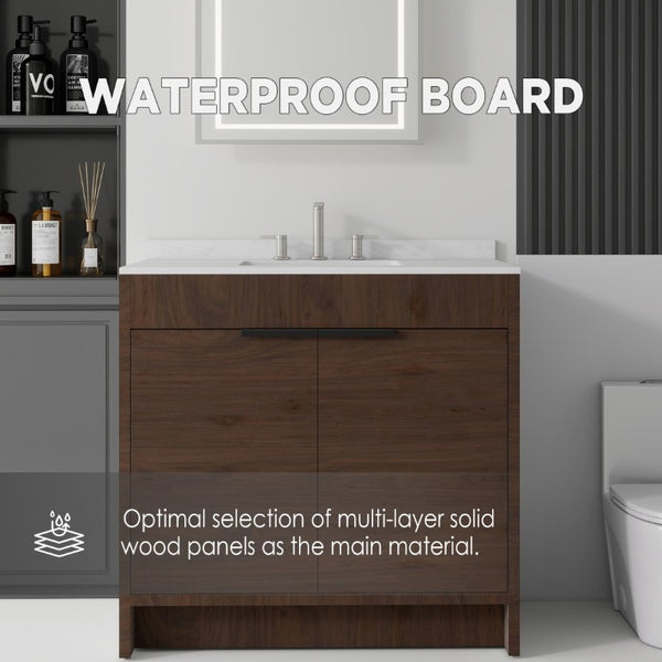 English Elm 36 Inch Freestanding Bathroom Vanity with Cultured Marble Top Soft Close Plywood Build Brown Carrara White B2775S00186