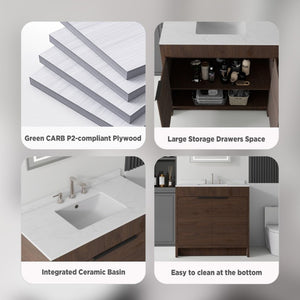 English Elm 36 Inch Freestanding Bathroom Vanity with Cultured Marble Top Soft Close Plywood Build Brown Carrara White B2775S00186