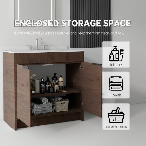 English Elm 36 Inch Freestanding Bathroom Vanity with Cultured Marble Top Soft Close Plywood Build Brown Carrara White B2775S00186