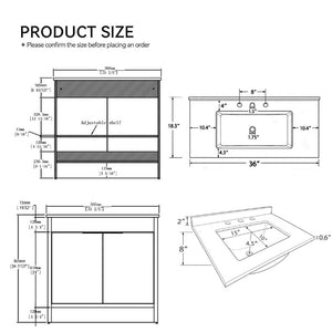 English Elm 36 Inch Freestanding Bathroom Vanity with Cultured Marble Top Soft Close Plywood Build Brown Carrara White B2775S00186