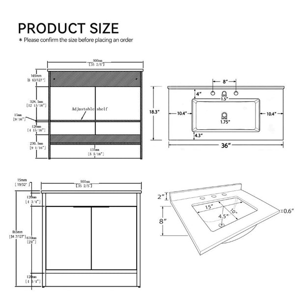 English Elm 36 Inch Freestanding Bathroom Vanity with Cultured Marble Top Soft Close Plywood Build Brown Carrara White B2775S00186