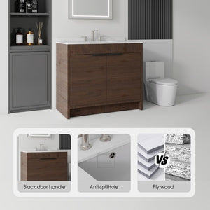 English Elm 36 Inch Freestanding Bathroom Vanity with Cultured Marble Top Soft Close Plywood Build Brown Carrara White B2775S00186