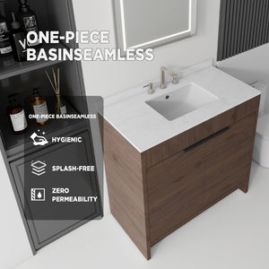 English Elm 36 Inch Freestanding Bathroom Vanity with Cultured Marble Top Soft Close Plywood Build Brown Carrara White B2775S00186