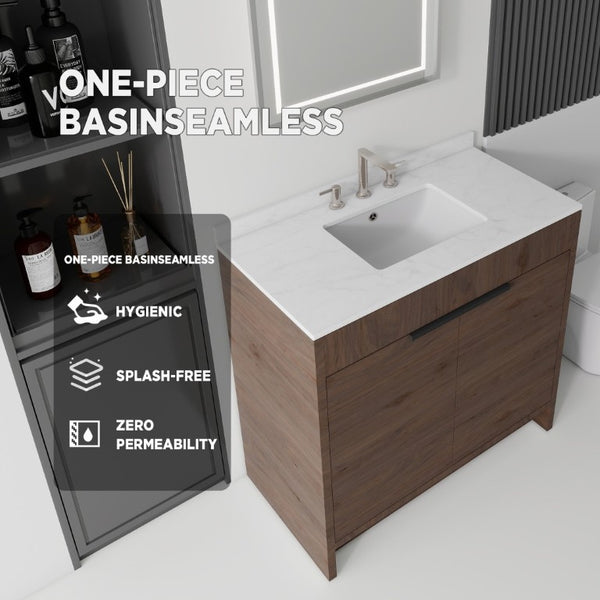 English Elm 36 Inch Freestanding Bathroom Vanity with Cultured Marble Top Soft Close Plywood Build Brown Carrara White B2775S00186