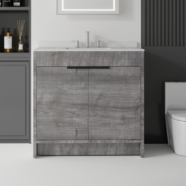 English Elm 36 Inch Freestanding Bathroom Vanity with Cultured Marble Top Soft Close Plywood Build Grey Granite White B2775S00187