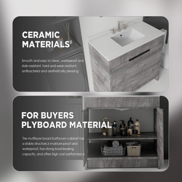 English Elm 36 Inch Freestanding Bathroom Vanity with Cultured Marble Top Soft Close Plywood Build Grey Granite White B2775S00187