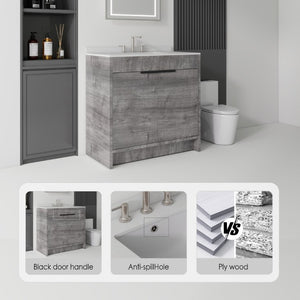 English Elm 36 Inch Freestanding Bathroom Vanity with Cultured Marble Top Soft Close Plywood Build Grey Granite White B2775S00187