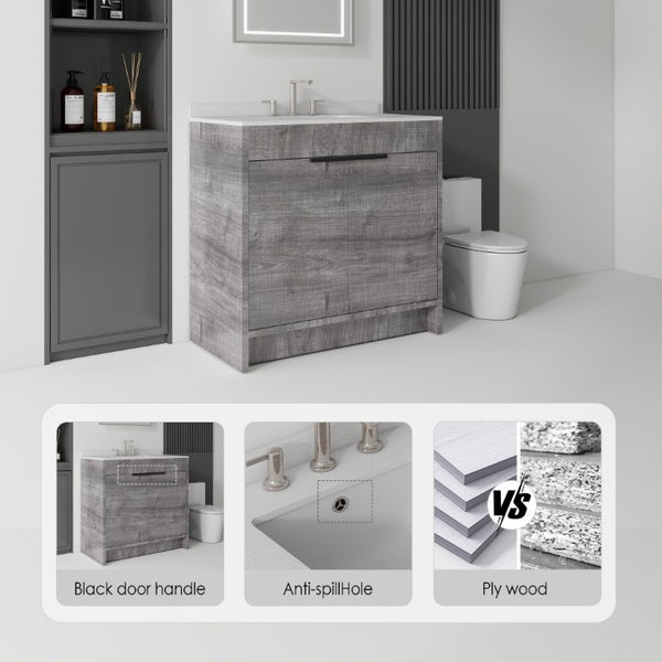 English Elm 36 Inch Freestanding Bathroom Vanity with Cultured Marble Top Soft Close Plywood Build Grey Granite White B2775S00187