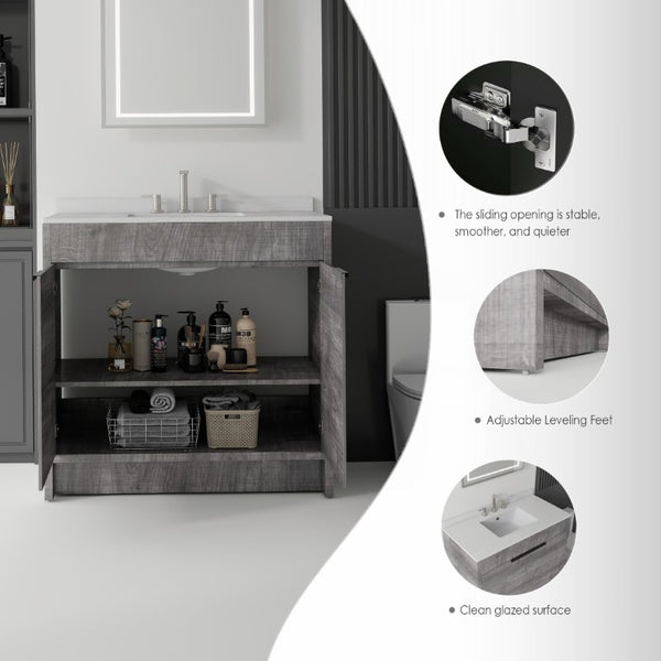 English Elm 36 Inch Freestanding Bathroom Vanity with Cultured Marble Top Soft Close Plywood Build Grey Granite White B2775S00187
