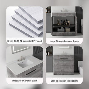 English Elm 36 Inch Freestanding Bathroom Vanity with Cultured Marble Top Soft Close Plywood Build Grey Granite White B2775S00187