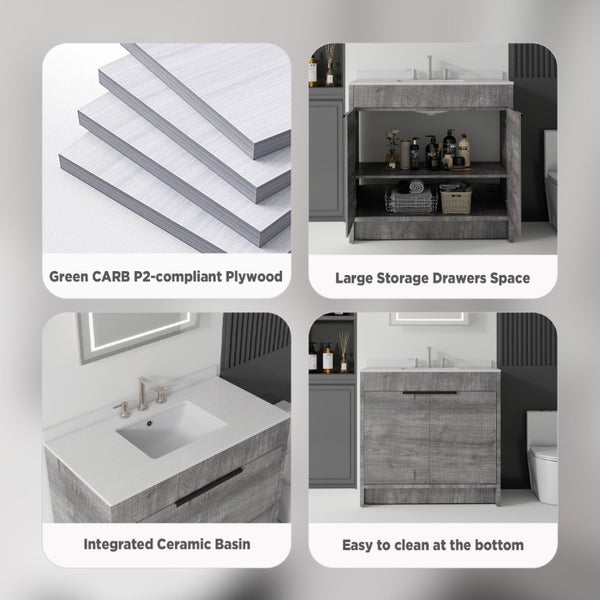 English Elm 36 Inch Freestanding Bathroom Vanity with Cultured Marble Top Soft Close Plywood Build Grey Granite White B2775S00187